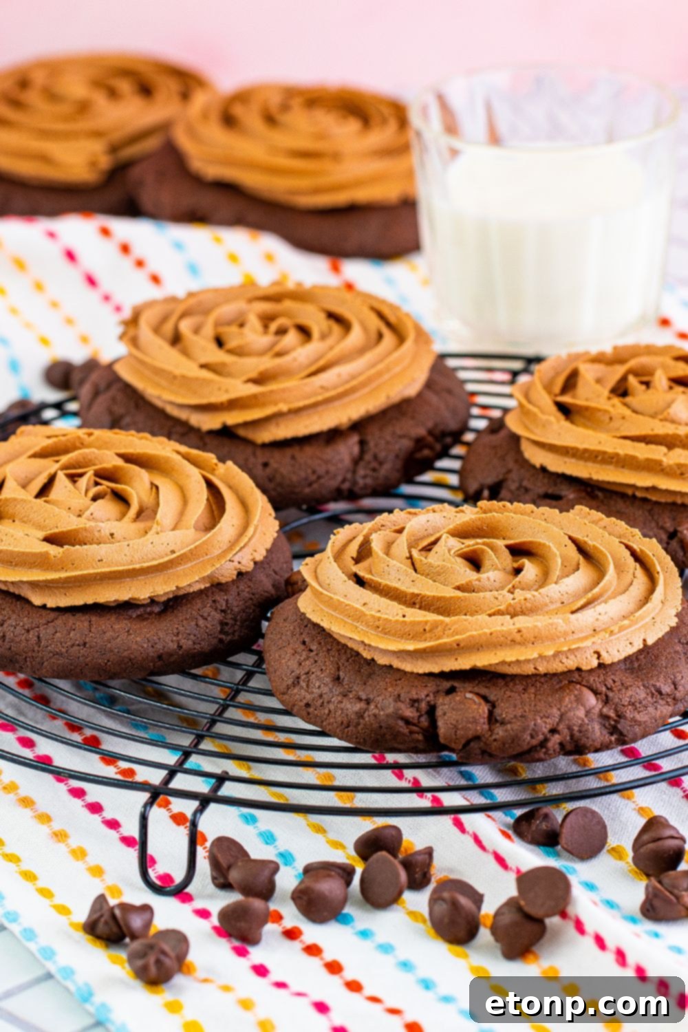 Decadent Chocolate Cake Cookies 15 Chocolate cake cookies arranged on a round serving tray with a scattering of chocolate chips, emphasizing their rich chocolate appeal.