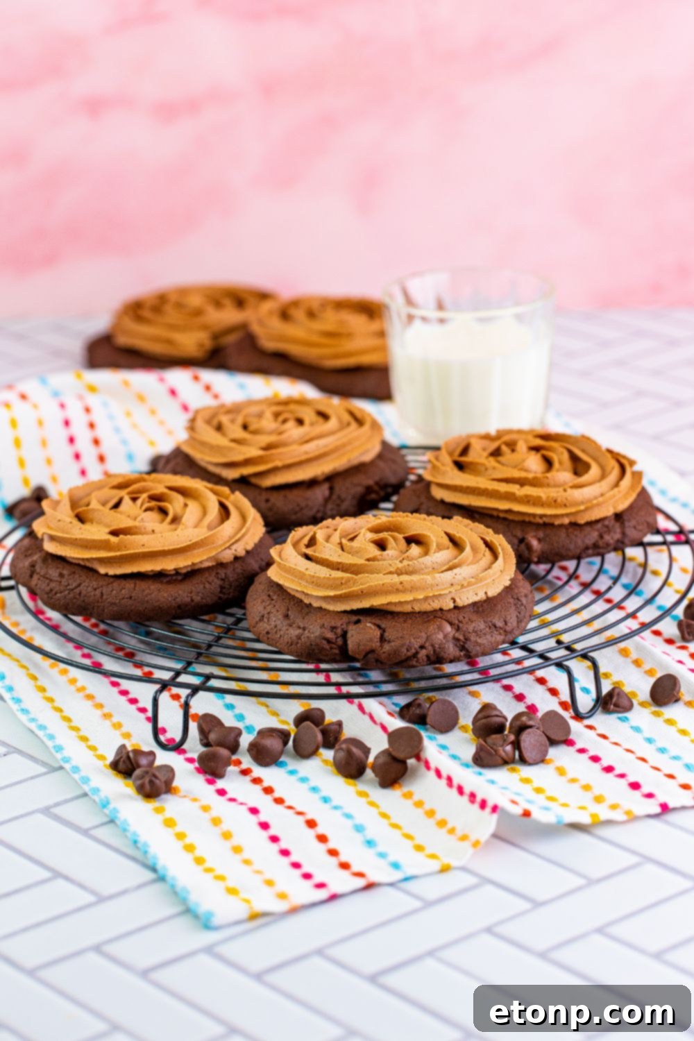 Decadent Chocolate Cake Cookies 16 A platter beautifully showcasing frosted chocolate cake cookies, surrounded by other chocolate chip cookies, creating an inviting dessert display.