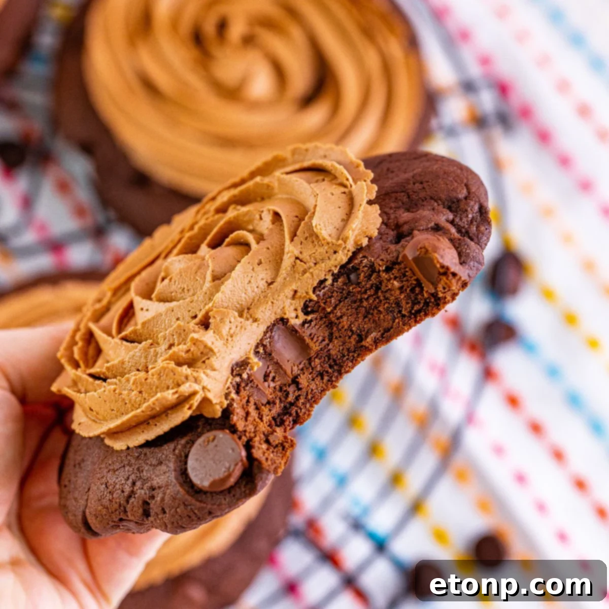 Decadent Chocolate Cake Cookies 3 A hand holding a soft-baked chocolate cake cookie with chocolate fudge frosting, showcasing a perfect bite taken out.