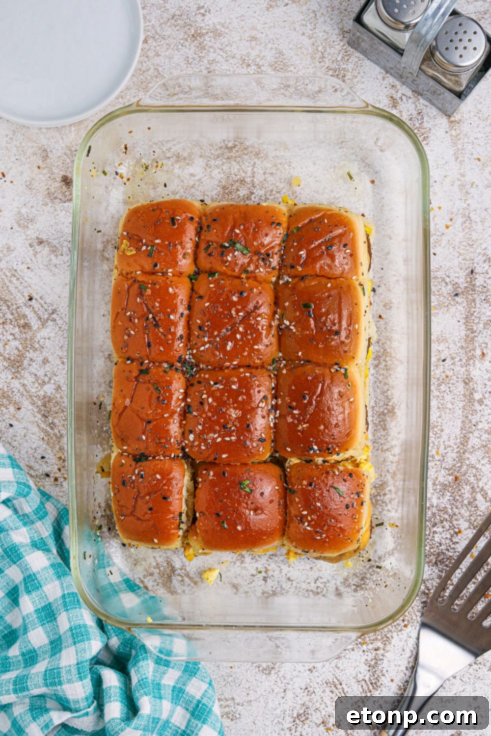 baked Breakfast Sliders in a pan on the table 