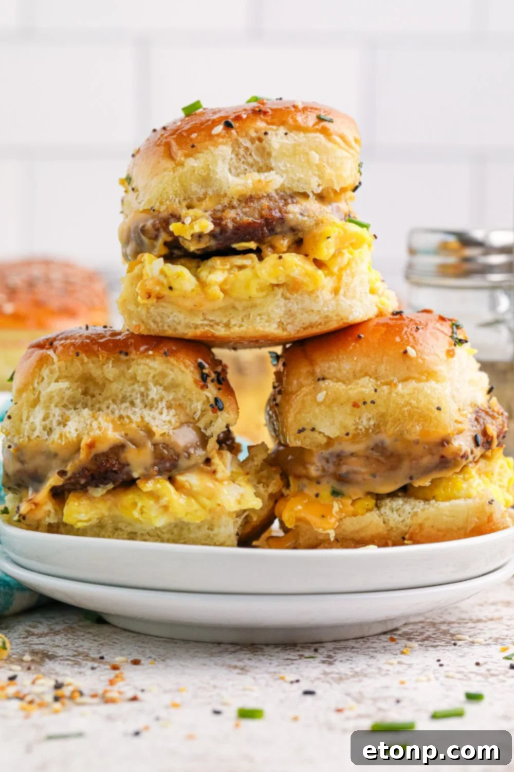 Breakfast Sliders stacked like a pyramid on table 