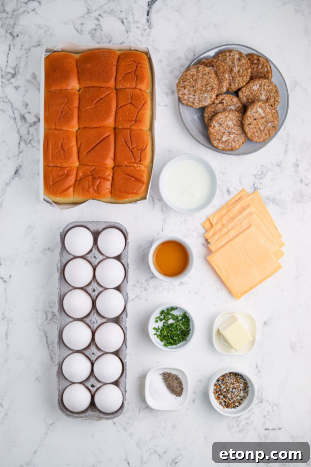 ingredients for Breakfast Sliders on table in small bowls 