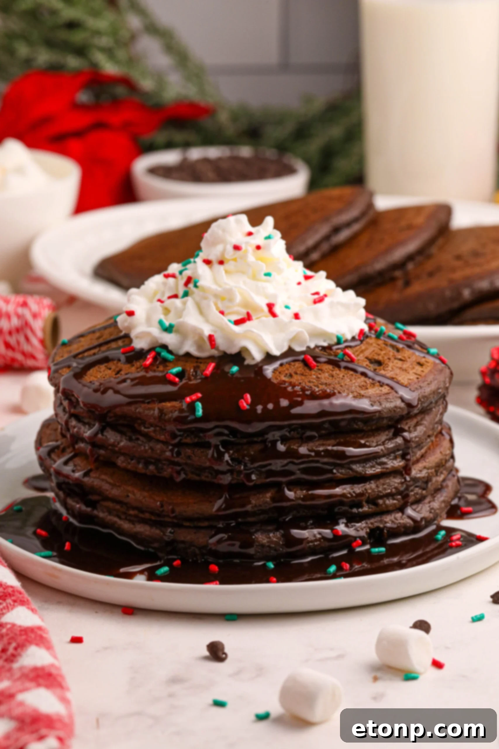 Hot Chocolate Pancakes stacked high on a white plate, generously topped with chocolate syrup, fluffy whipped cream, and vibrant holiday sprinkles, set against a festive background.