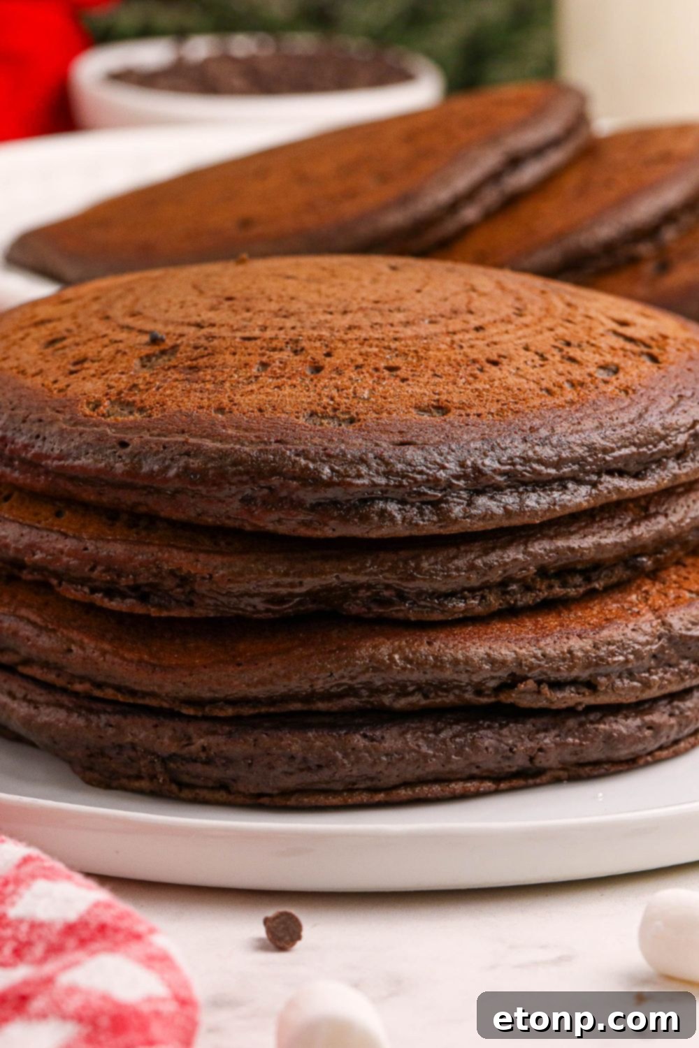 A beautifully cooked stack of Hot Chocolate Pancakes artfully arranged on a white plate, ready for toppings and serving.