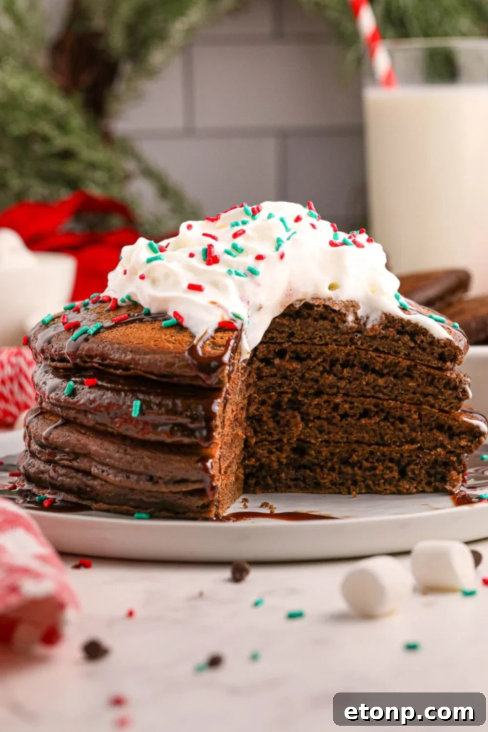 Two plates of Hot Chocolate Pancakes, one with a slice cut out, indicating their delicious readiness, positioned on a table with subtle decorative elements.