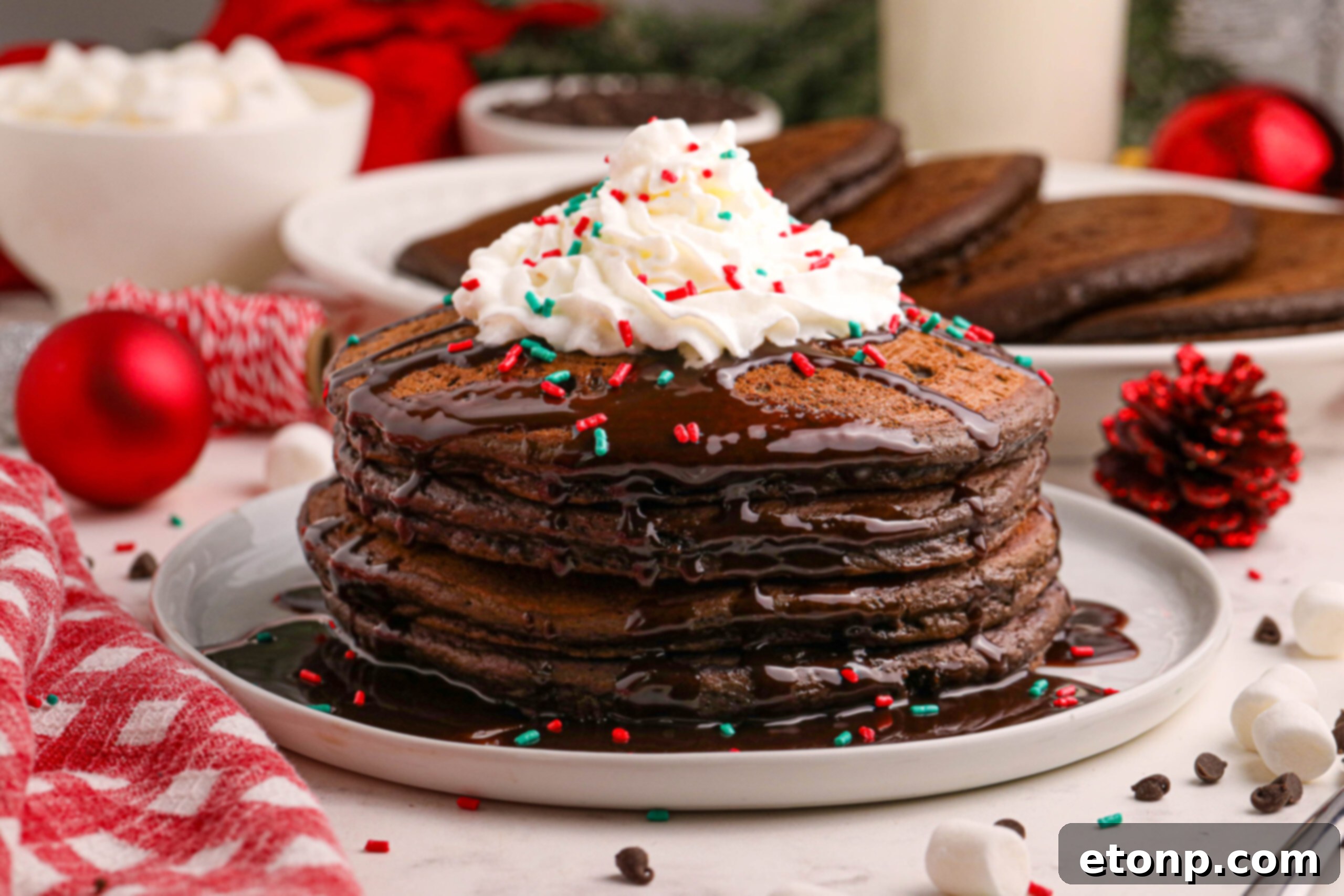 A delightful stack of Hot Chocolate Pancakes, beautifully presented on a white plate, lavishly topped with rich syrup, a cloud of whipped cream, and festive holiday sprinkles, ready to be served.