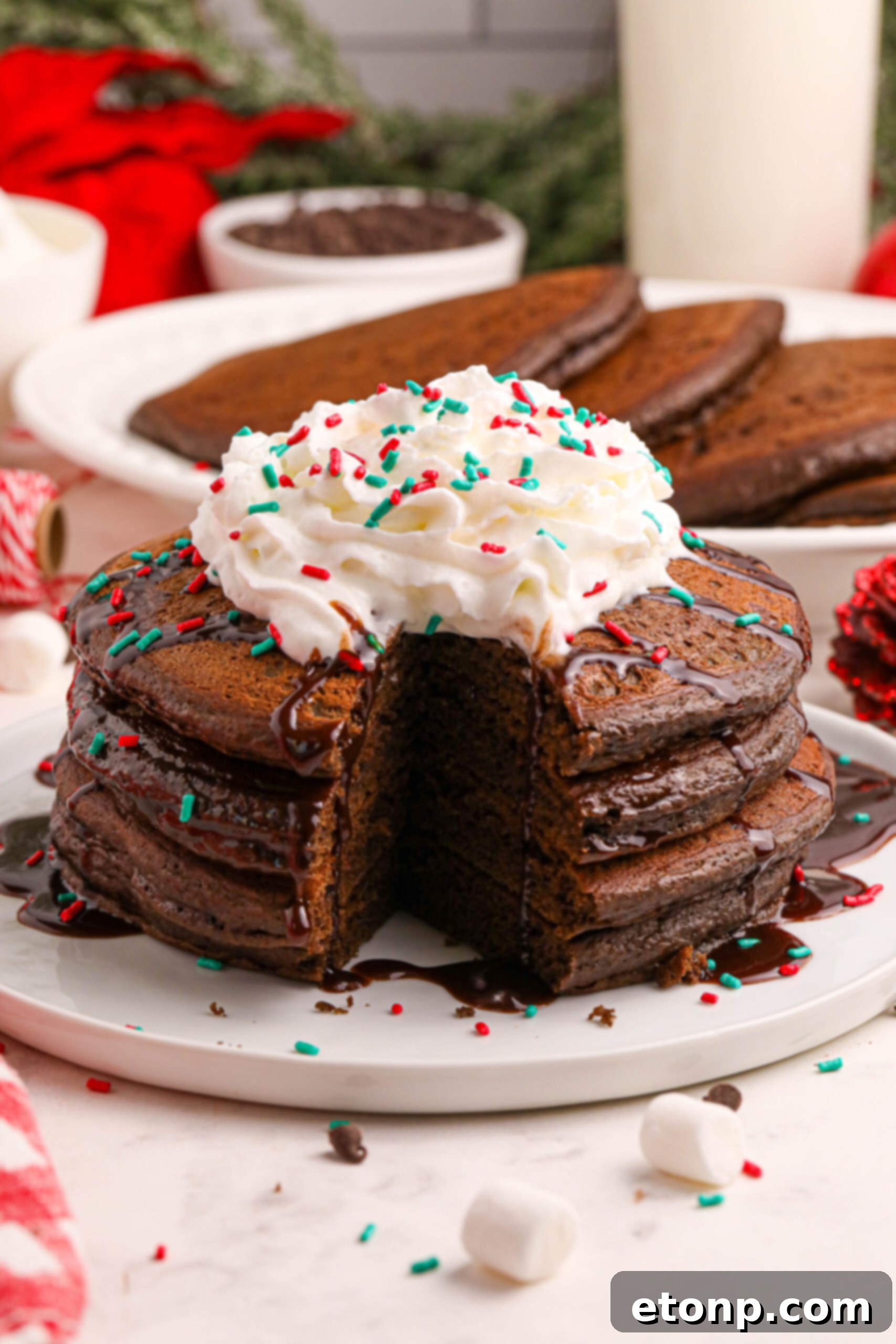 A stack of perfectly cooked Hot Chocolate Pancakes on a plate, adorned with syrup, whipped cream, and festive sprinkles, with a bite taken out, revealing the soft interior.