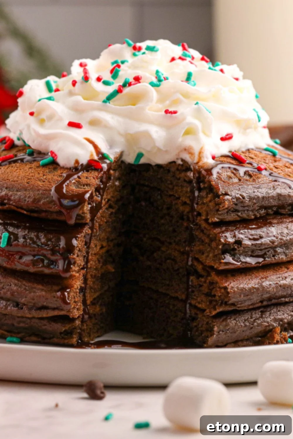 A single Hot Chocolate Pancake on a plate with a section cut out, highlighting its soft, chocolatey texture, surrounded by more pancakes.