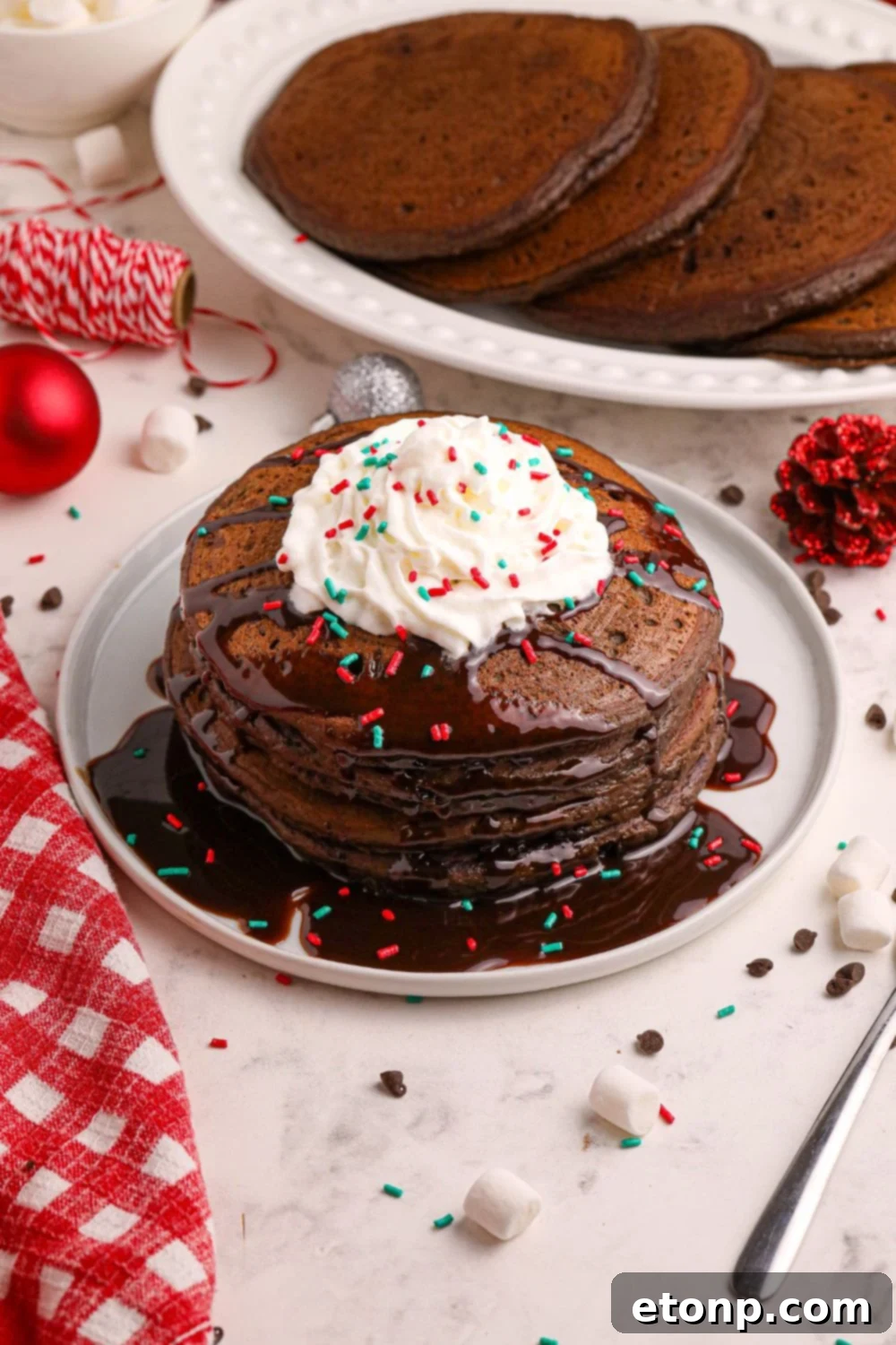 A plate of Hot Chocolate Pancakes with whipped cream, and a larger platter of stacked pancakes in the background, creating an abundant and appealing display.
