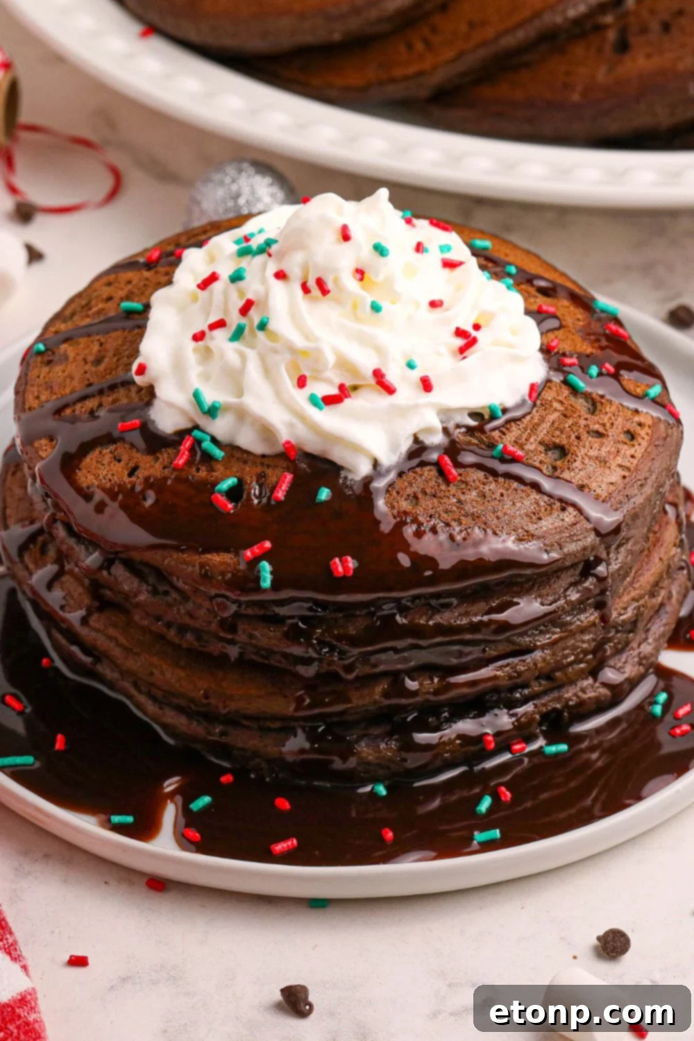 A beautifully arranged stack of Hot Chocolate Pancakes on a plate, accompanied by a festive cup of hot chocolate with whipped cream and sprinkles, creating a perfect holiday scene.