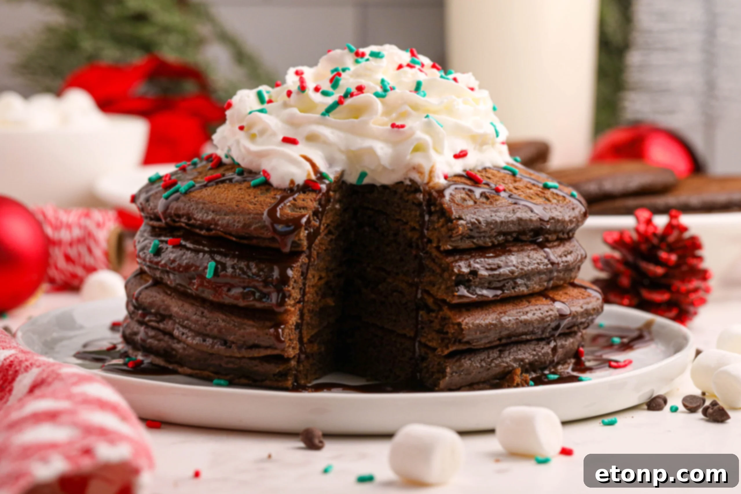 A stunning side view of perfectly stacked Hot Chocolate Pancakes on a plate, adorned with a luscious topping of syrup, fluffy whipped cream, and cheerful holiday sprinkles.