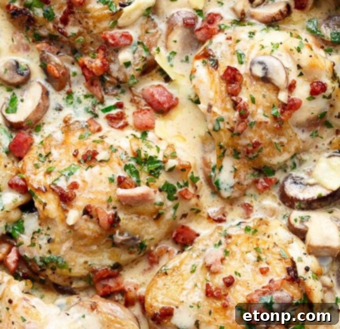 Decadent Creamy Garlic Parmesan Mushroom Chicken & Bacon, a flavorful family dinner.