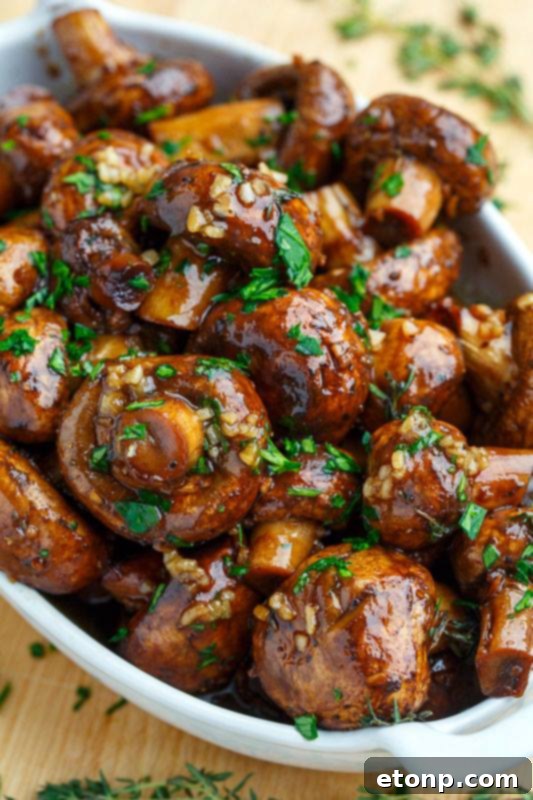 Delicious Balsamic Soy Roasted Garlic Mushrooms, perfect as a side dish or appetizer.