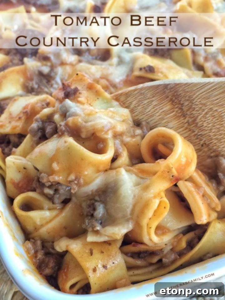 Comforting Tomato Beef Country Casserole, quick to make with inexpensive ingredients.