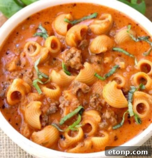 Hearty Beefy Tomato Soup, a quick and comforting dinner for the whole family.