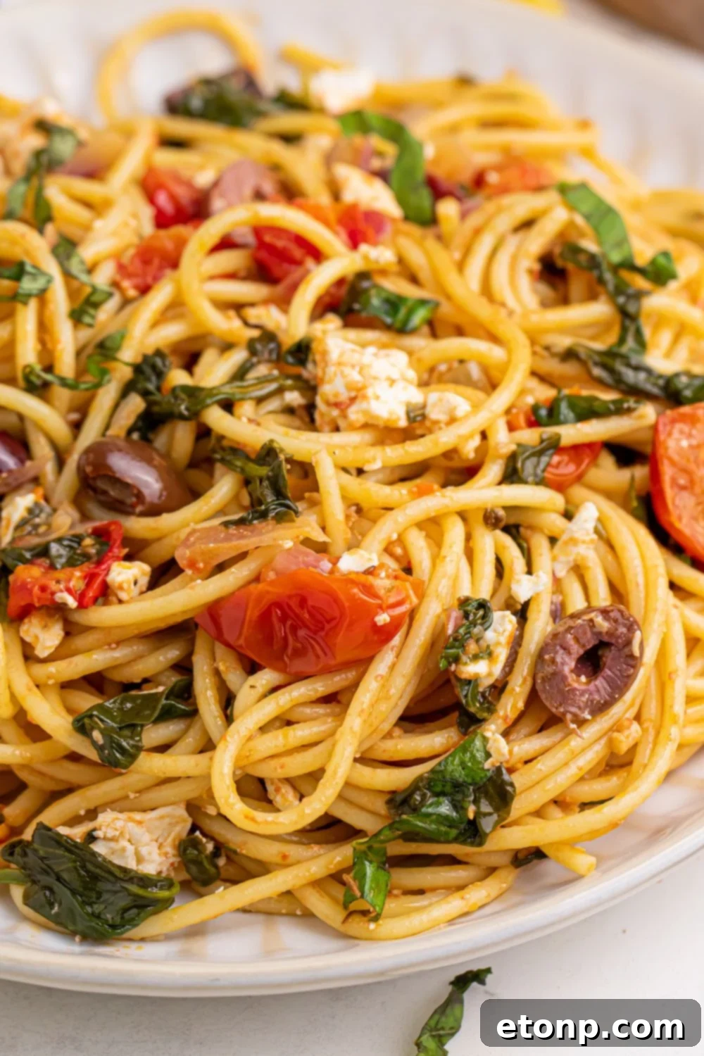 A close-up of Greek Spaghetti on a plate, showcasing the rich blend of tomatoes, olives, feta cheese, and spinach mixed with the pasta
