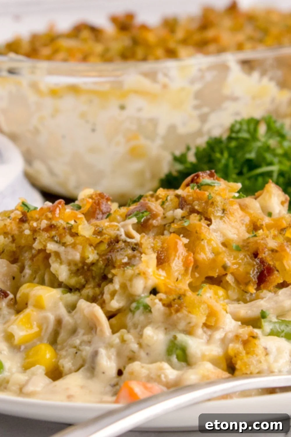 Chicken Stuffing Casserole on plate with a close up of pan behind it on table 