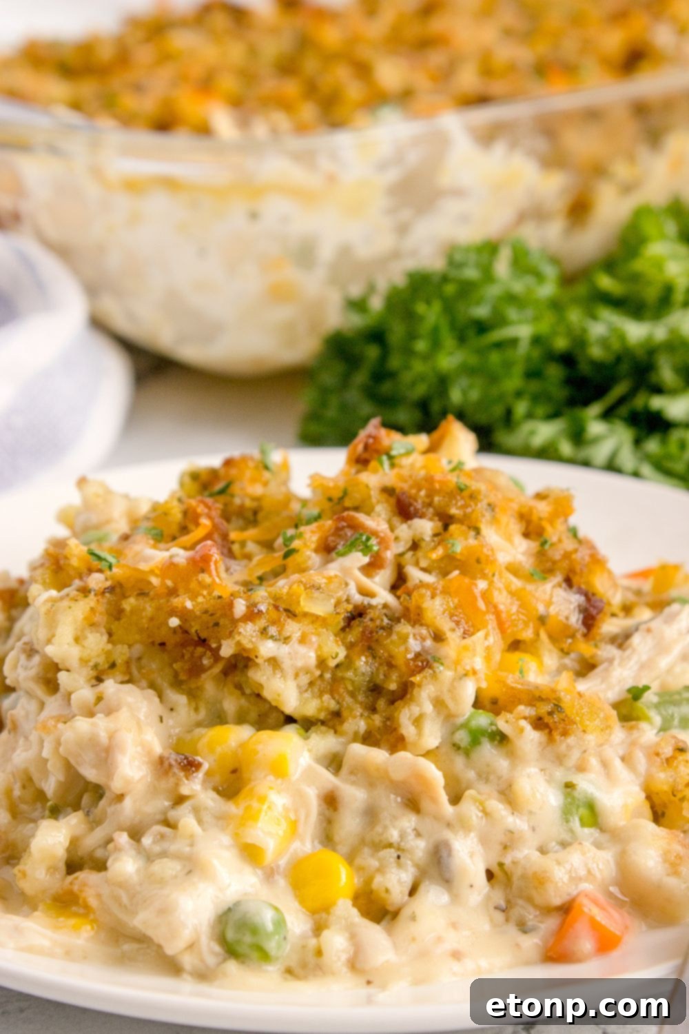 Chicken Stuffing Casserole on plate with a casserole dish in the background 