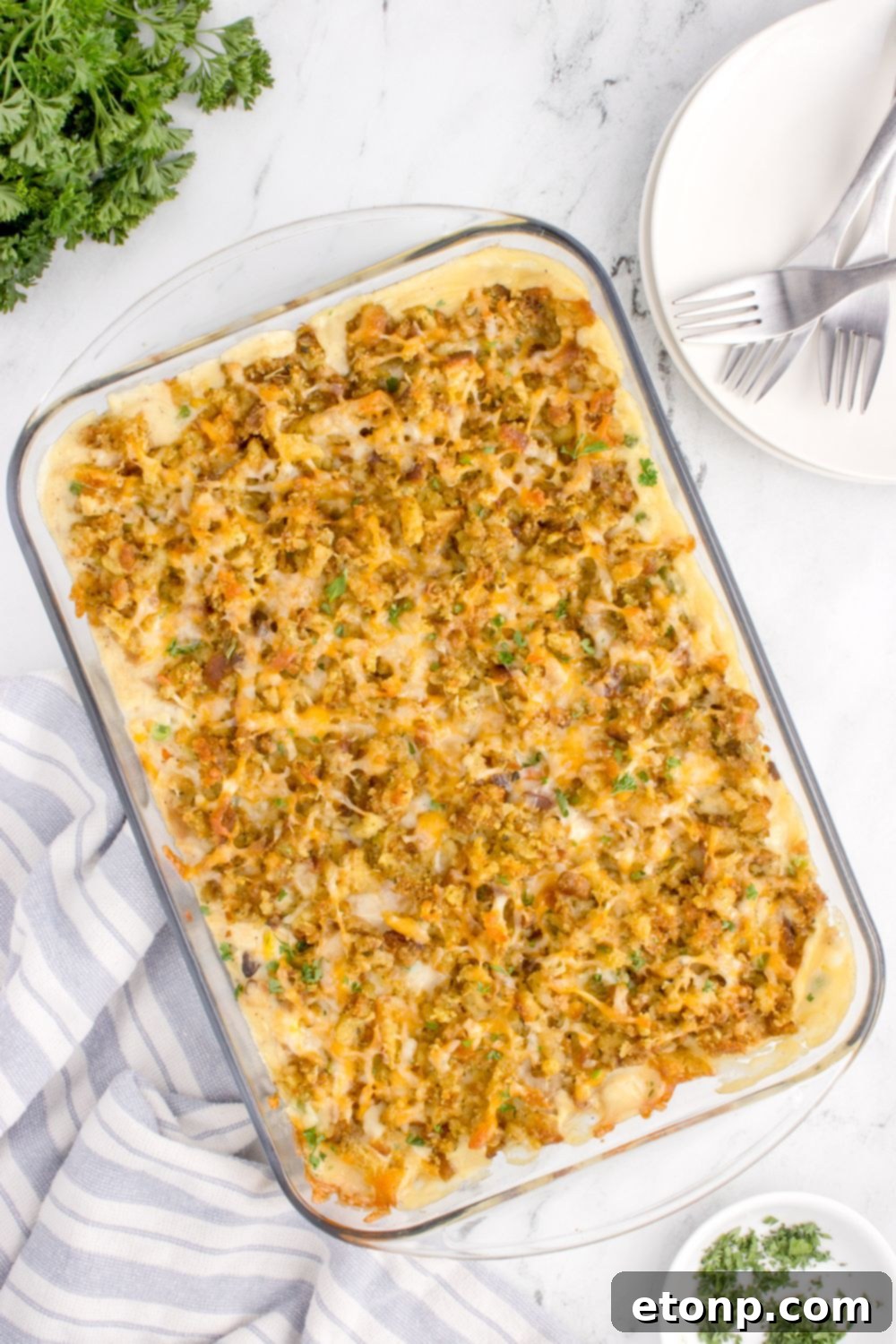 Chicken Stuffing Casserole in a pan on table with an overhead view of it in the casserole dish 