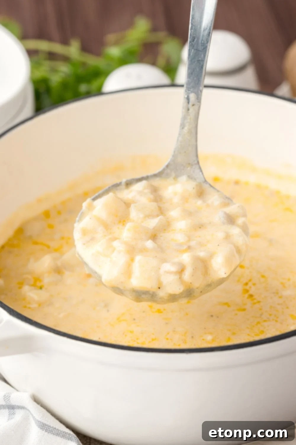 Hash Brown Potato Soup in a white pot with a ladle full of soup in the center of the pot