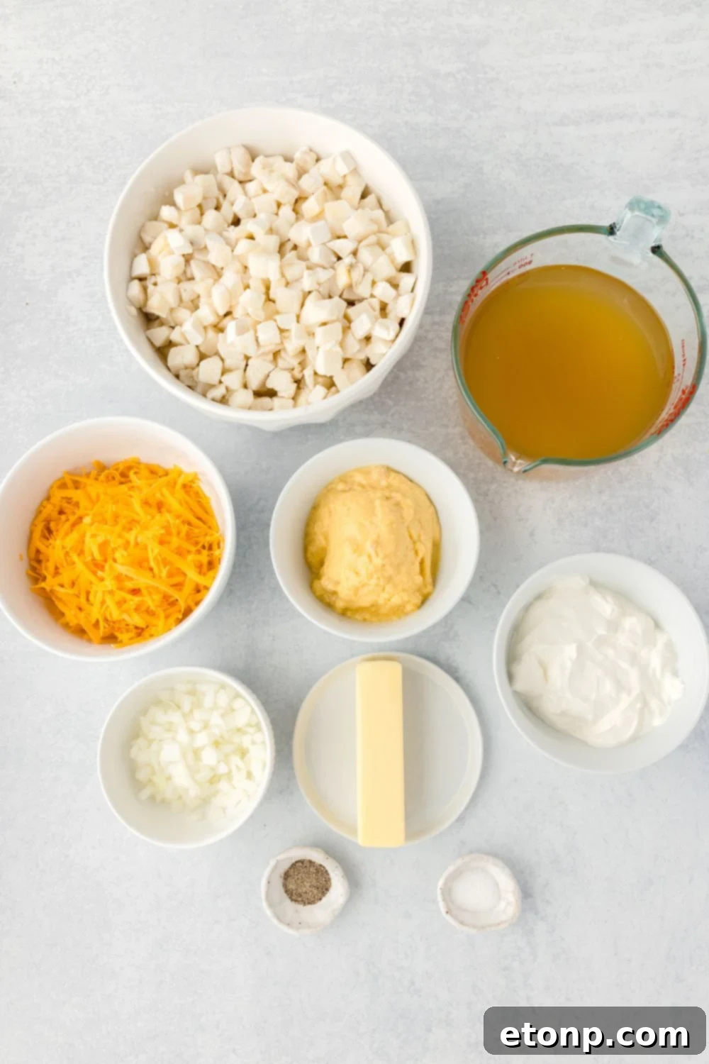 ingredients for Hash Brown Potato Soup in glass bowls on table
