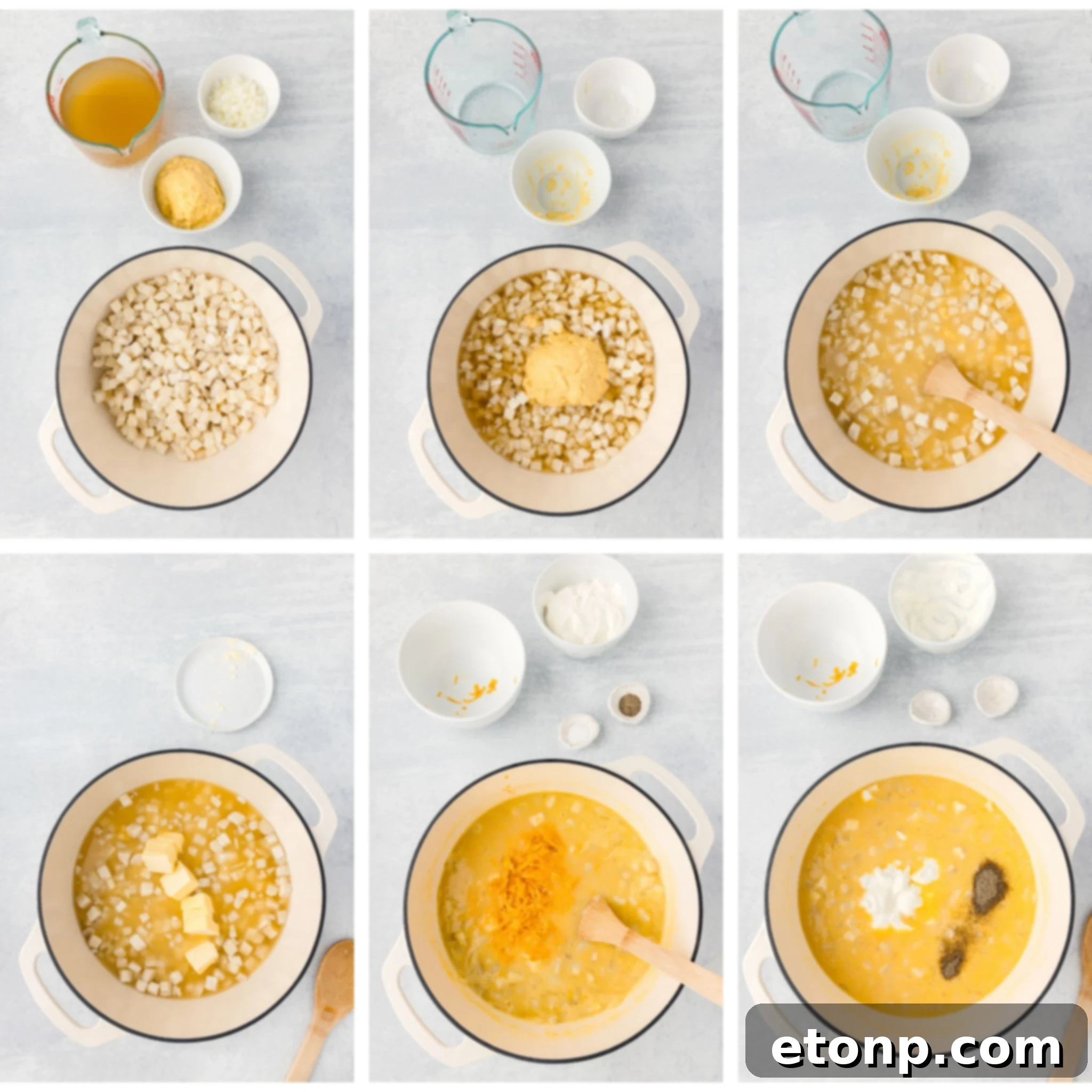 collage of images of how to make Hash Brown Potato Soup on the stovetop 