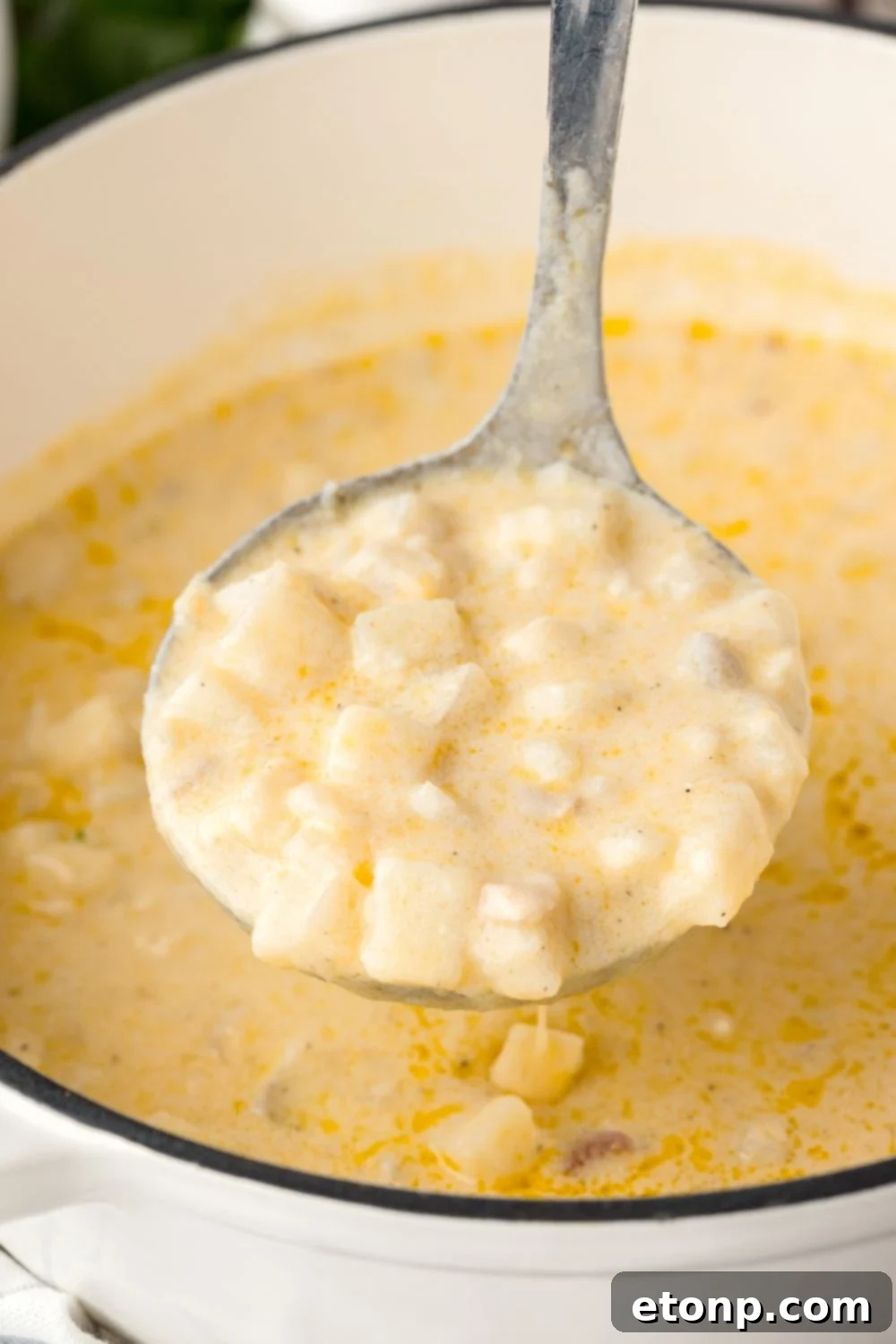 Hash Brown Potato Soup in a pan with a ladle of soup above pot 