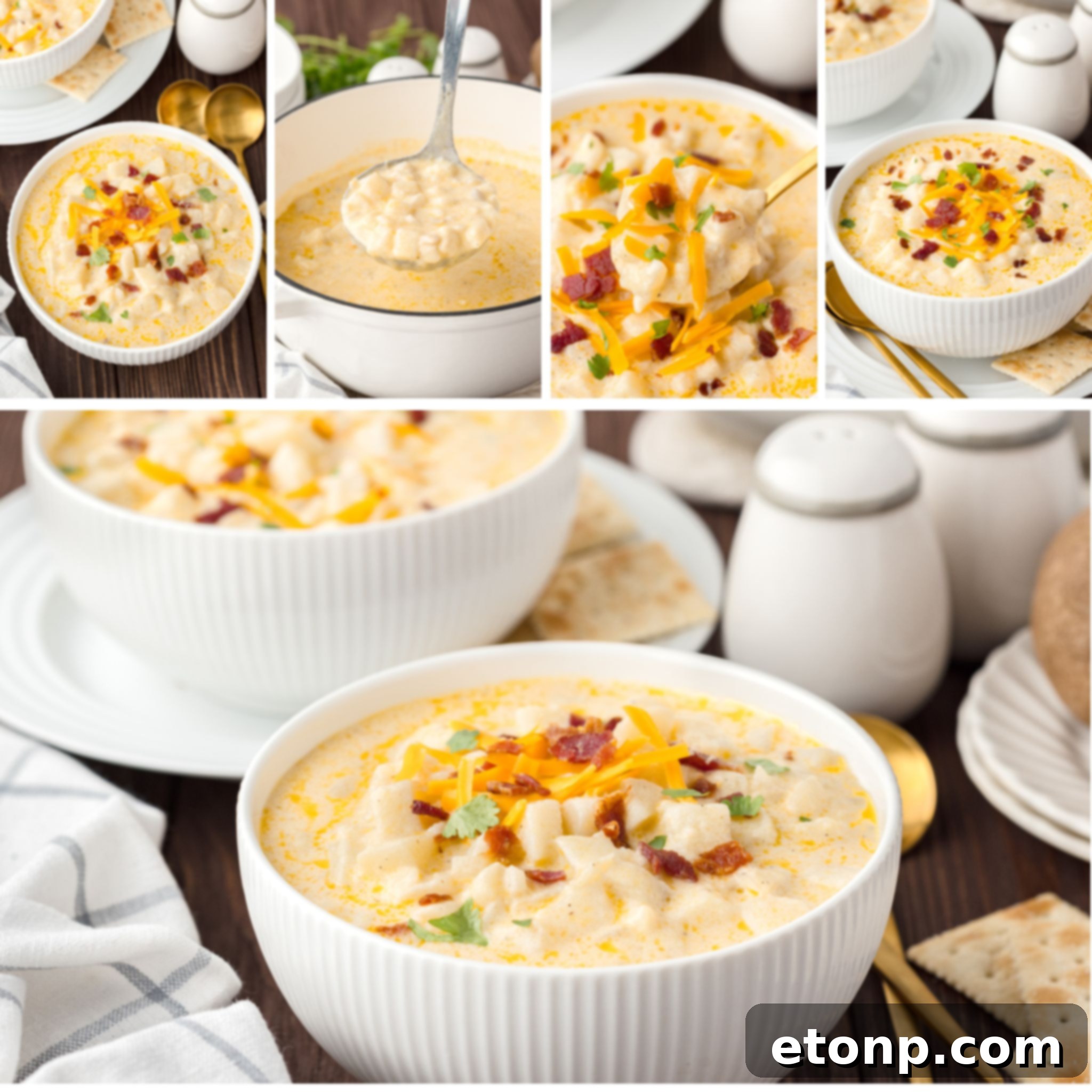 Hash Brown Potato Soup collage of images of potato soup in a bowl and pan 