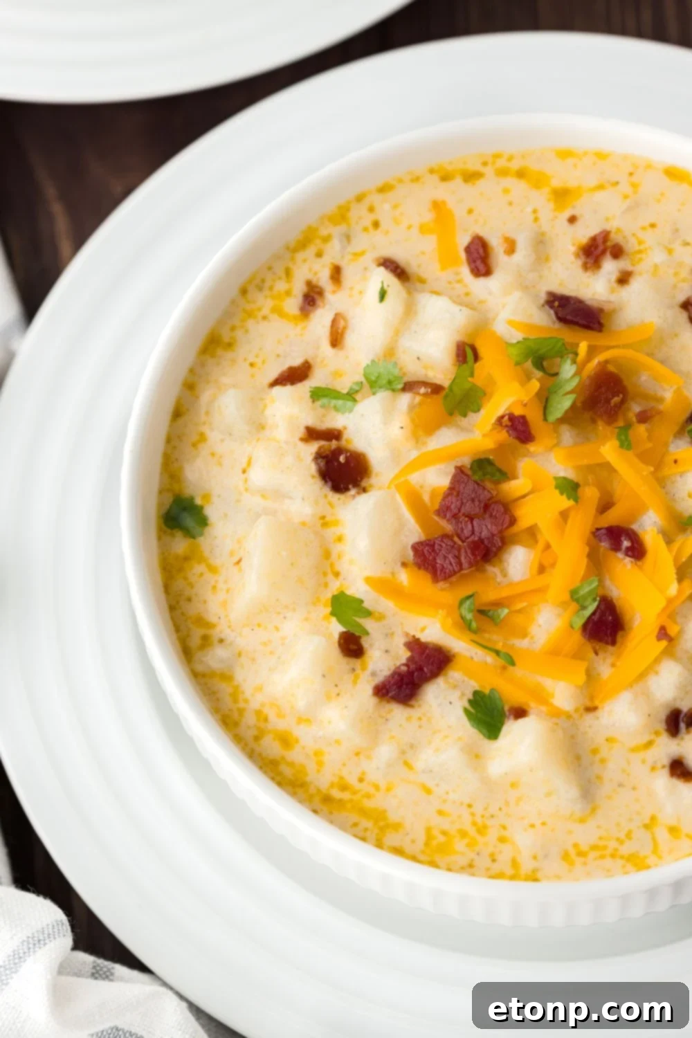 Hash Brown Potato Soup in a bowl with a white plate under it with bacon and green onions sprinkled on top of soup 