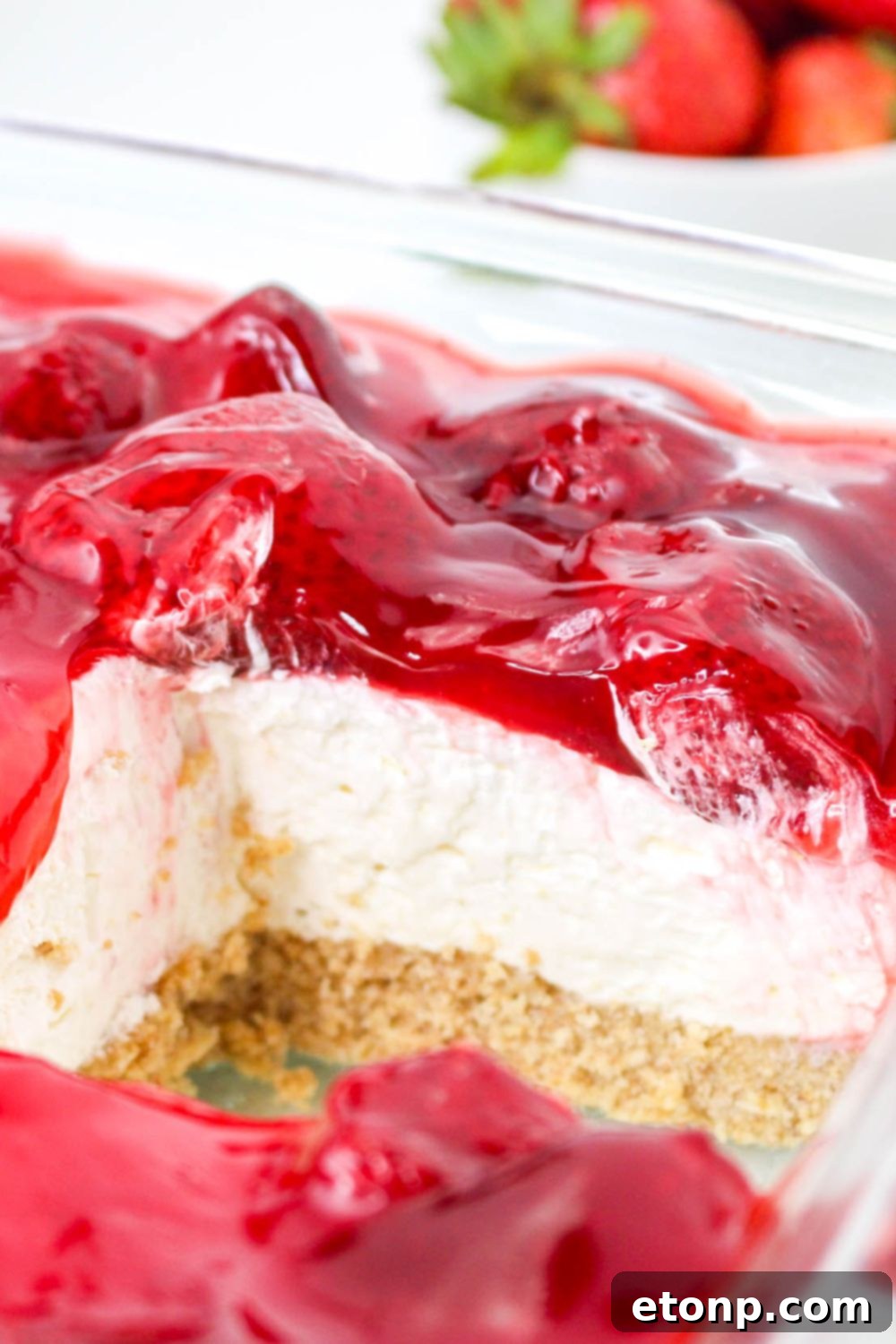 close up of No Bake Strawberry Delight in a pan 