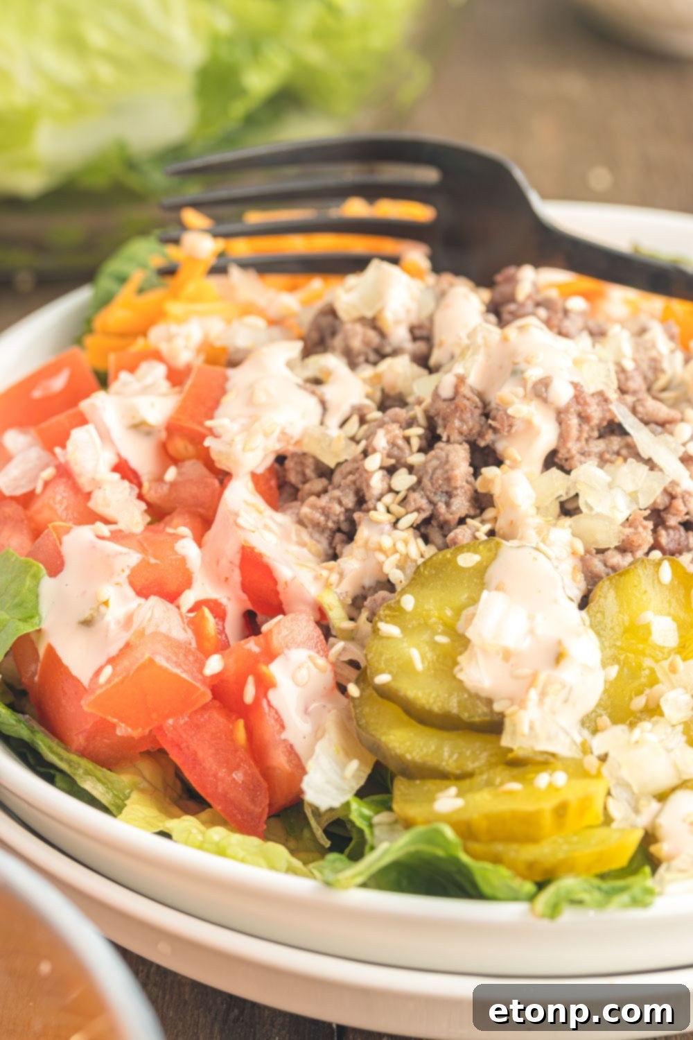 A side view of Big Mac Salad presented in a stylish bowl with a black fork resting on the rim, emphasizing its fresh ingredients and inviting appeal.