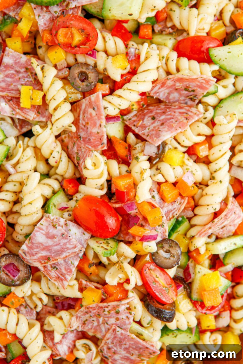 Vibrant Summer Pasta Salad 13 close up of Summer Pasta Salad in a bowl loaded with meat, veggies and pasta