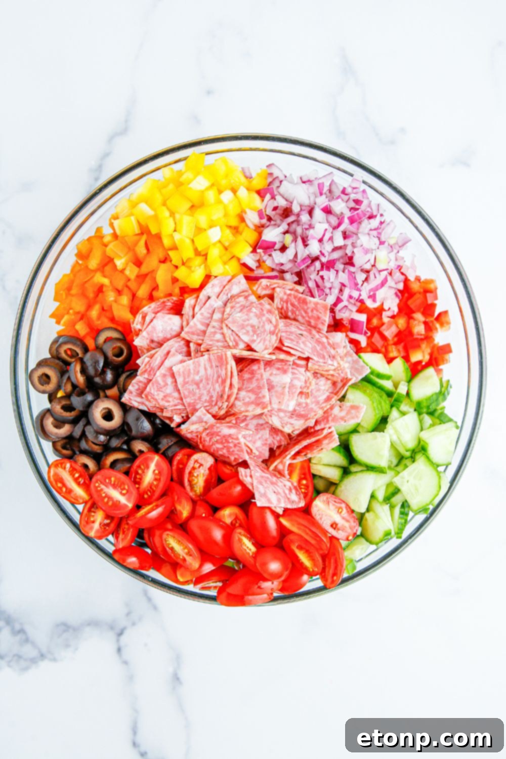 Vibrant Summer Pasta Salad 7 Summer Pasta Salad mix in a bowl all ingredients are in single areas in bowl
