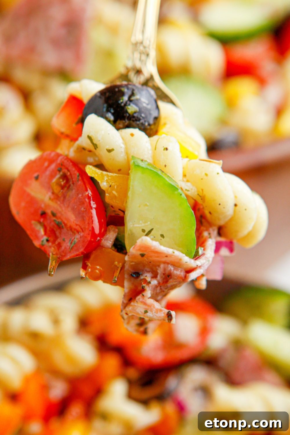 Vibrant Summer Pasta Salad 10 Summer Pasta Salad on a fork sitting above a bowl