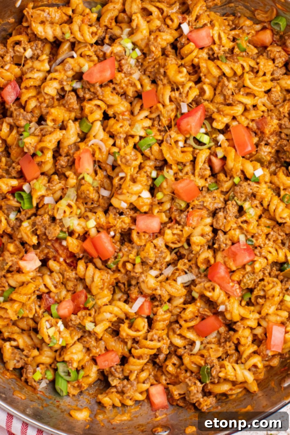 Taco Macaroni and Cheese close up in a pan 