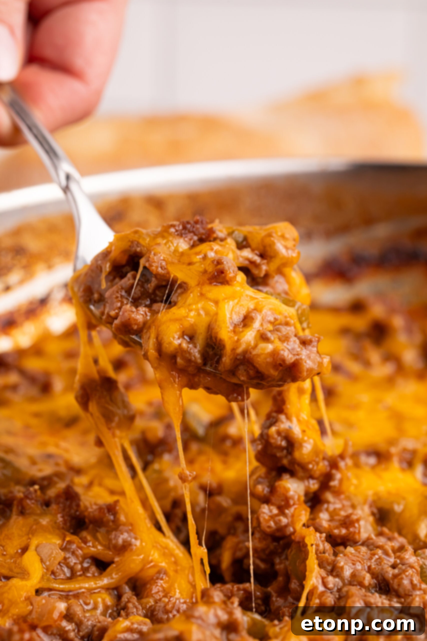 Ultimate Sloppy Joe Dip 11 A close-up of a spoonful of Sloppy Joe Dip being lifted from a silver pan, showcasing the melted cheese and rich, chunky texture of the dip.