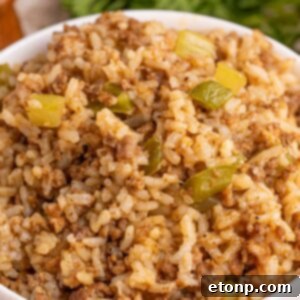 Cajun Dirty Rice 19 Dirty Rice in a white bowl sitting on a table