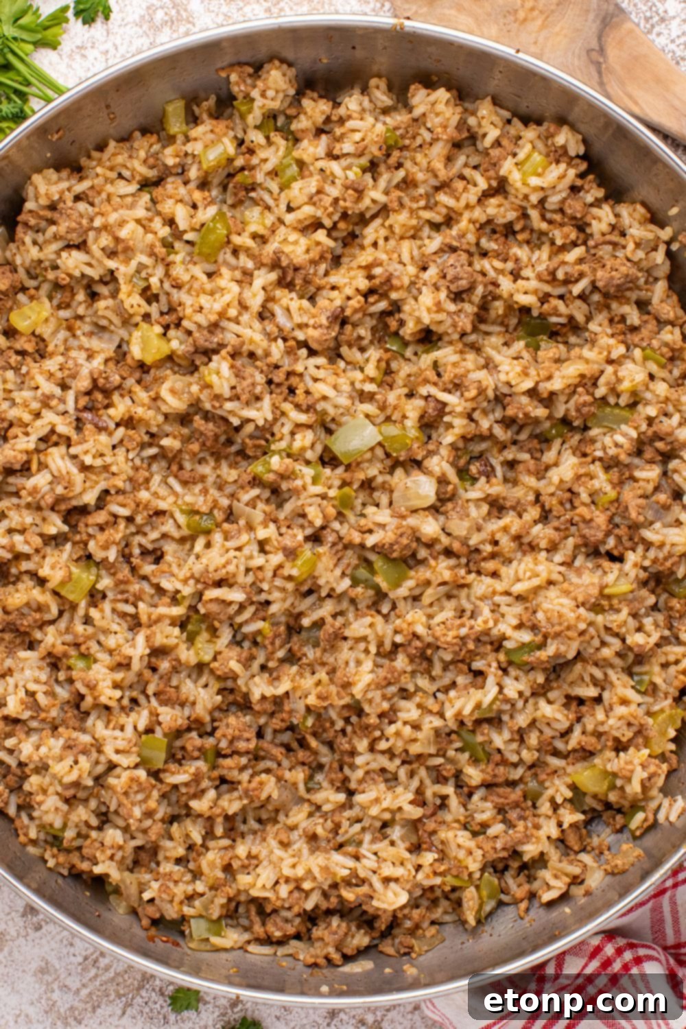 Cajun Dirty Rice 5 Dirty Rice in a pan on table
