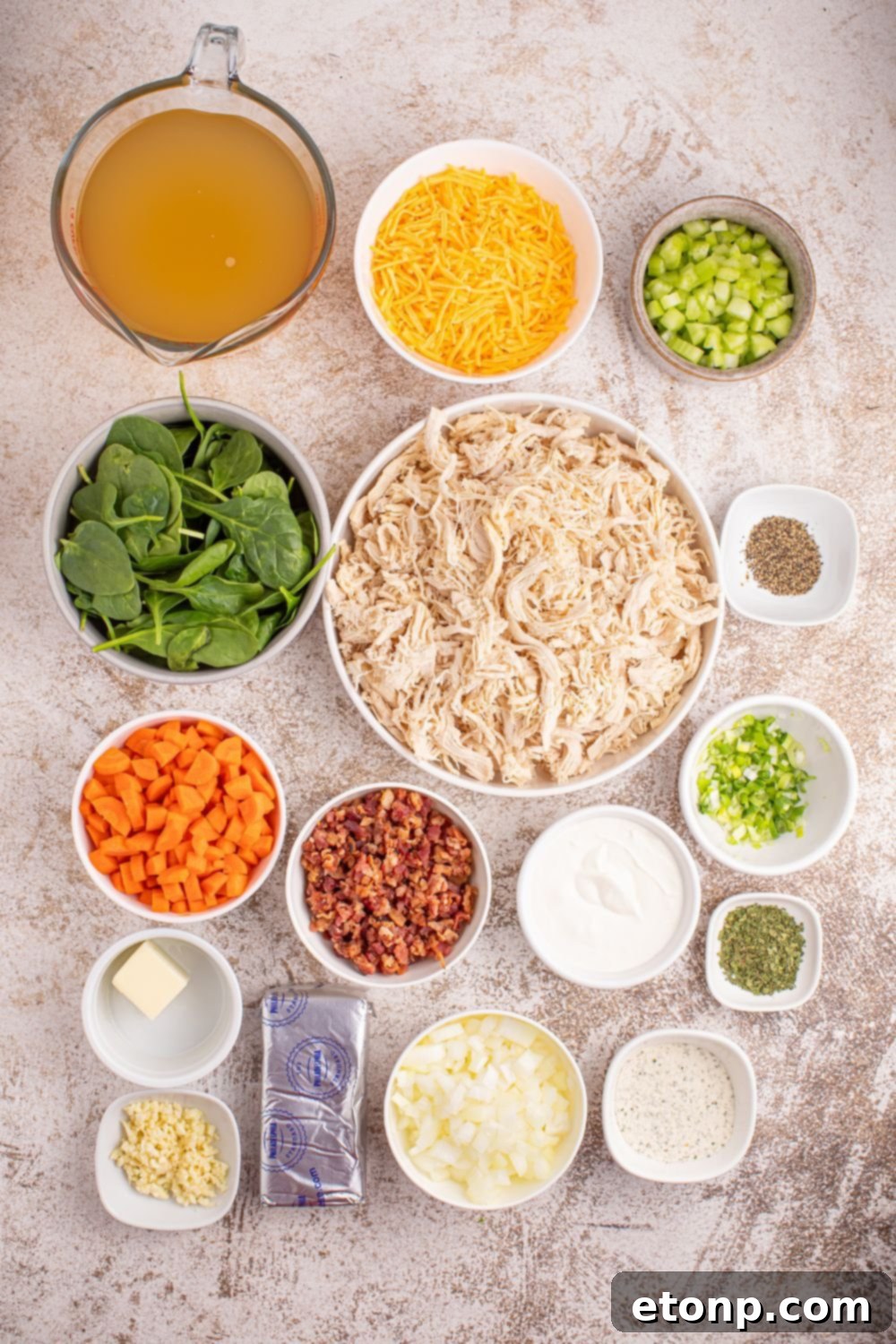 Creamy Ranch Chicken Soup 6 Crack Chicken Soup ingredients in individual bowls on table