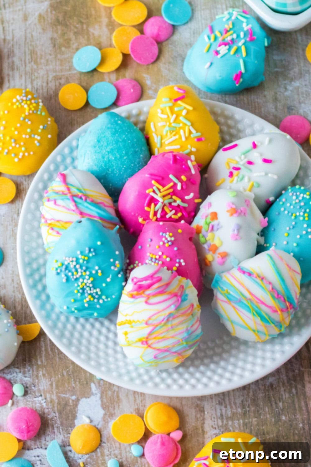 Easter Egg Oreo Truffles on plate with overhead look of them on plate 