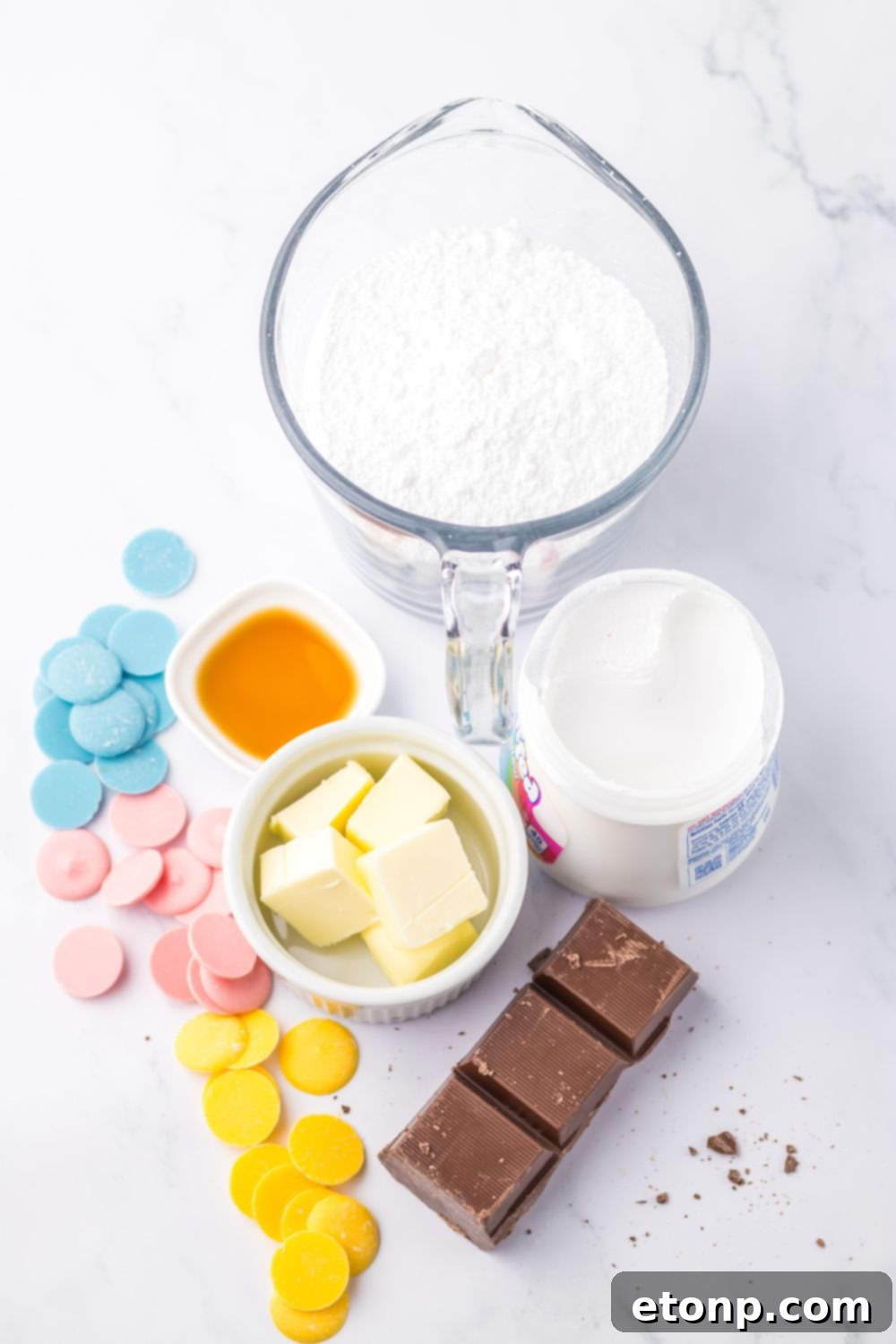 Easter Marshmallow Egg ingredients on marble table 