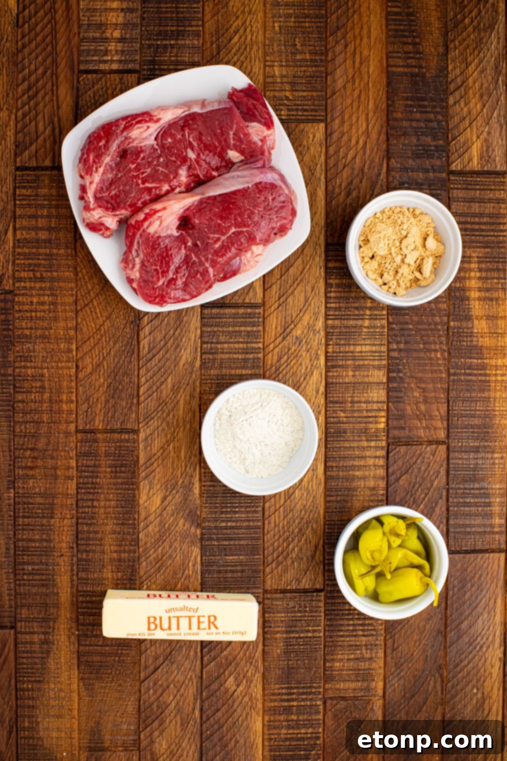 ingredients for Slow Cooker Mississippi Ribeye Steaks on the wooden table
