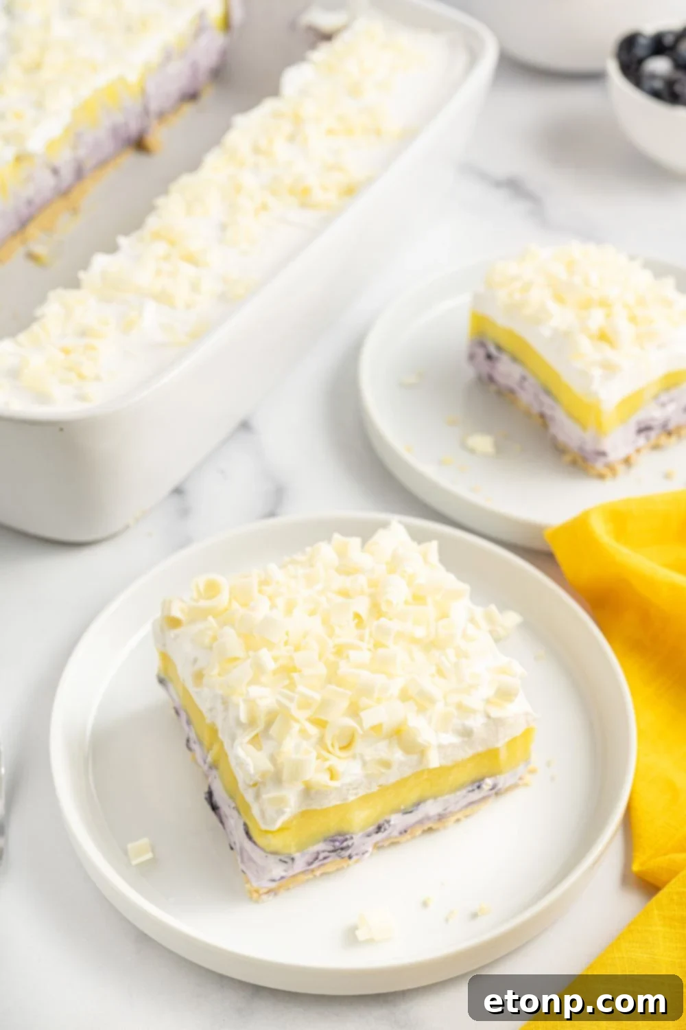 Lemon Blueberry Dream 20 blueberry lemon lasagna sliced on plates with the dish behind it