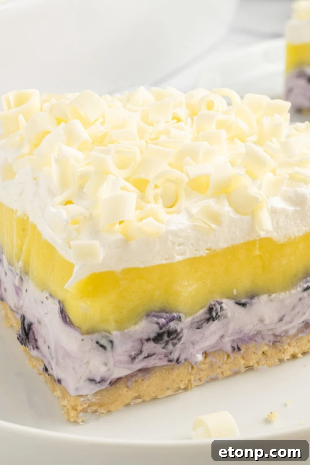 Lemon Blueberry Dream 21 close up of side view of a slice of blueberry delight dessert on a plate