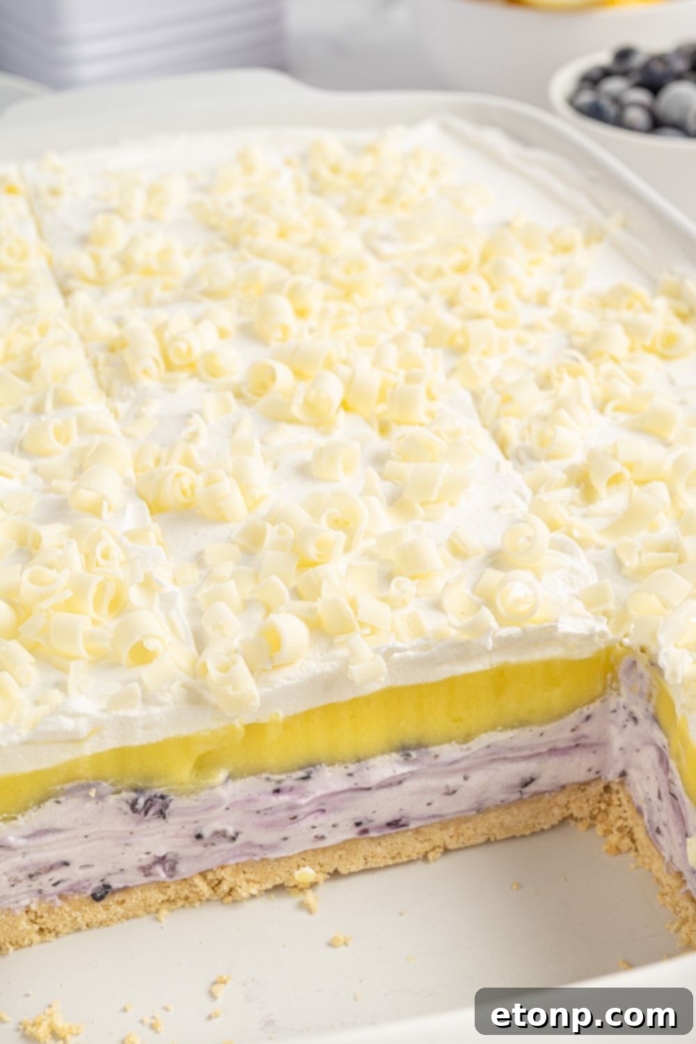 Lemon Blueberry Dream 22 Lemon Blueberry Lush in pan with a few slices removed to see he defined layers in the dessert