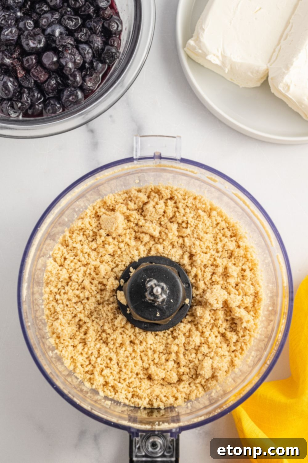 Lemon Blueberry Dream 6 crushed graham crackers in a food processor on table