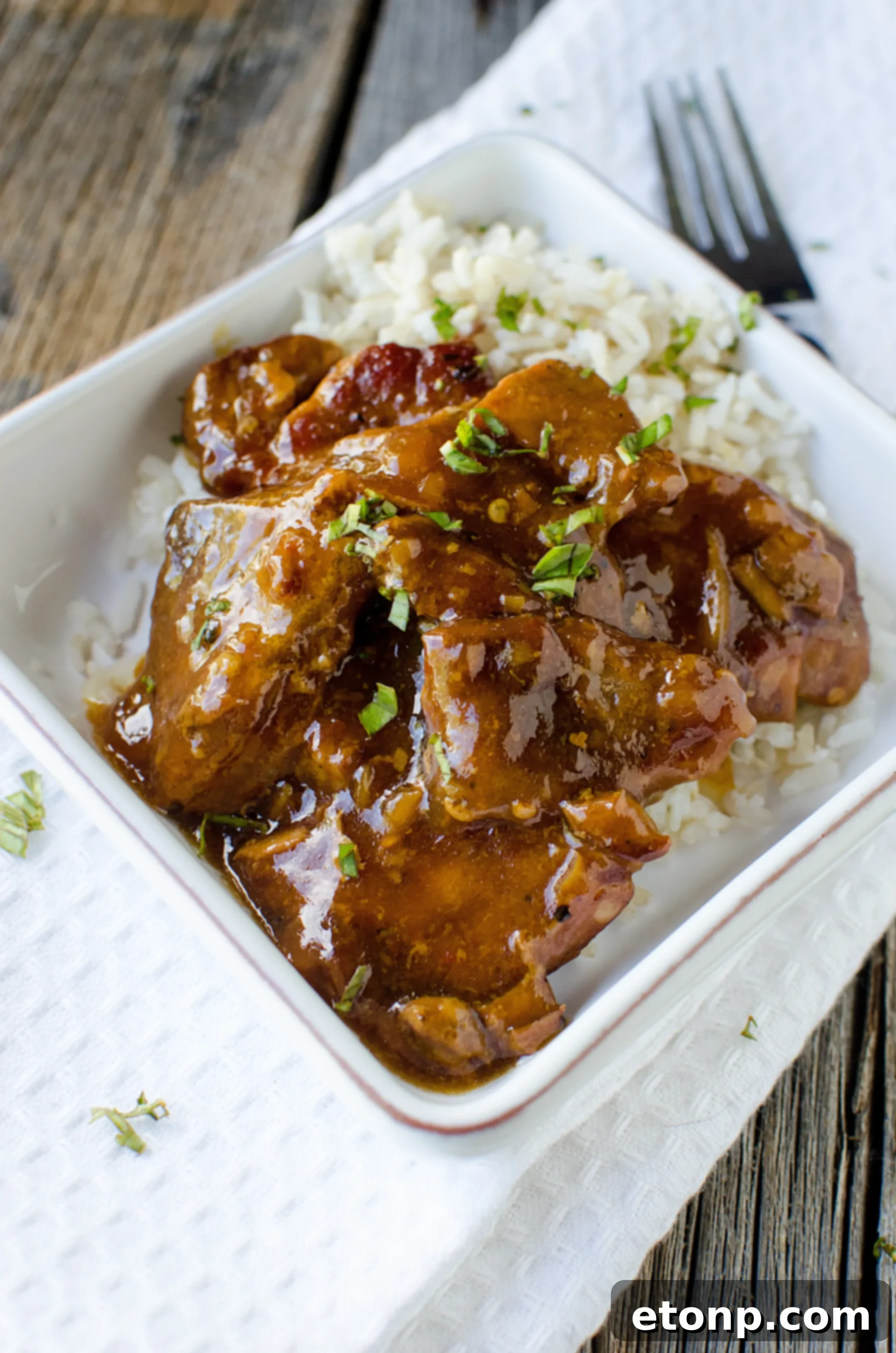 Plated Slow Cooker Garlic Ginger Pork with rice and green onions