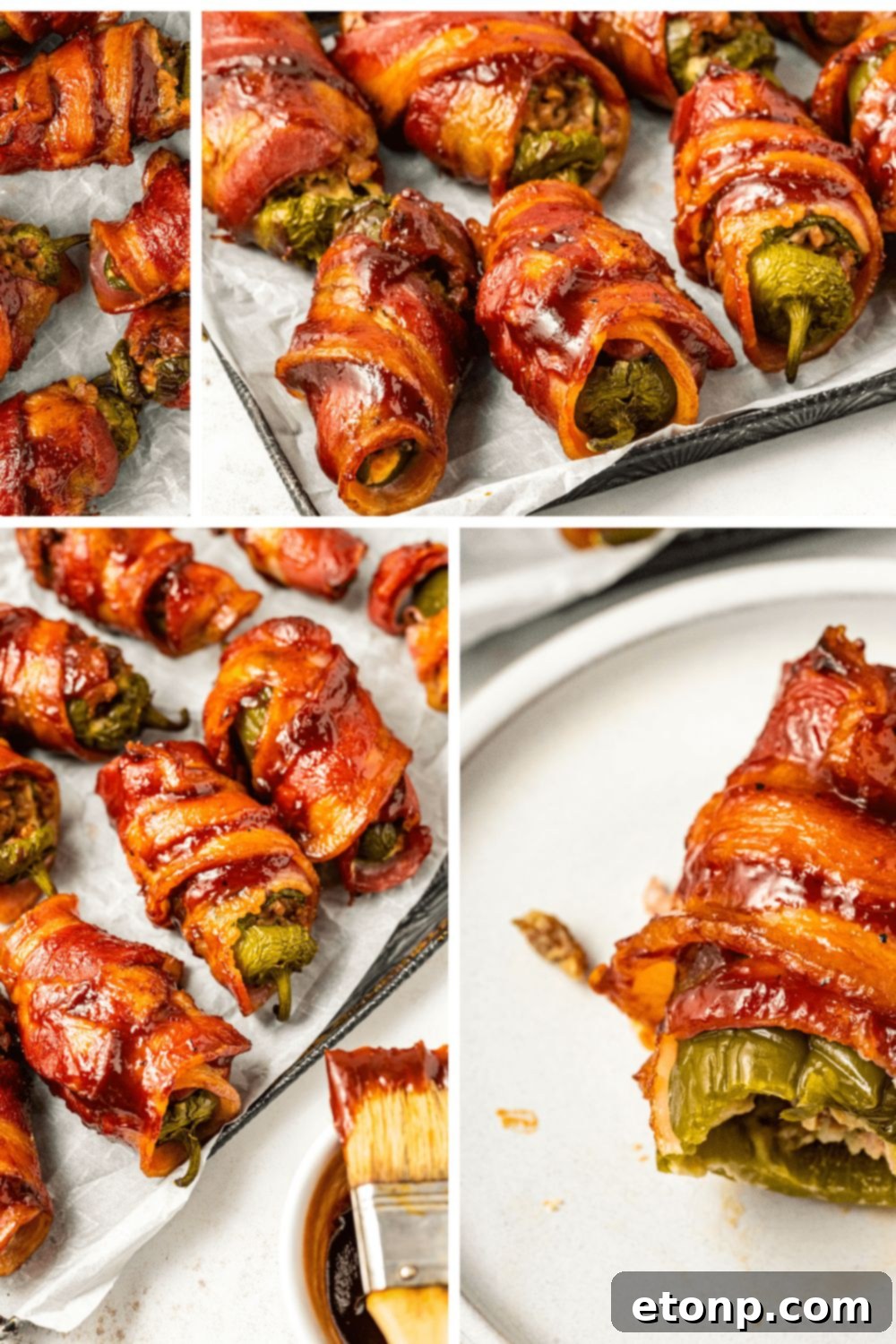 A collage of perfectly smoked Texas Twinkies, some on plates, some on a wooden cutting board