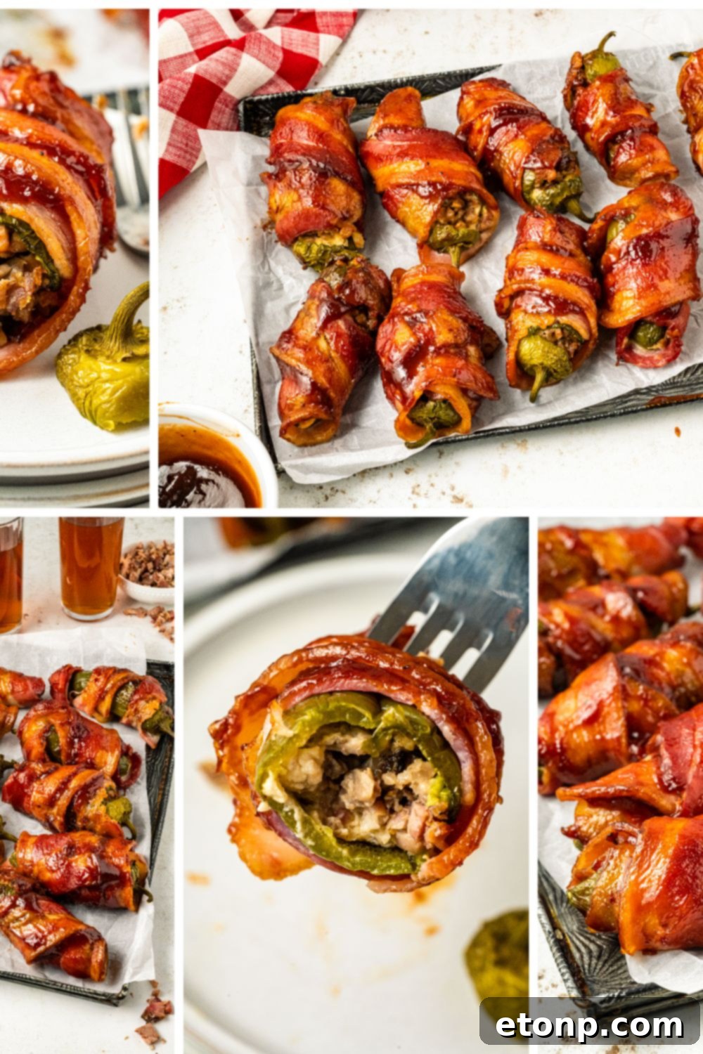 A collage featuring multiple Texas Twinkies artfully arranged on plates, highlighting their golden-brown bacon and glistening BBQ sauce.