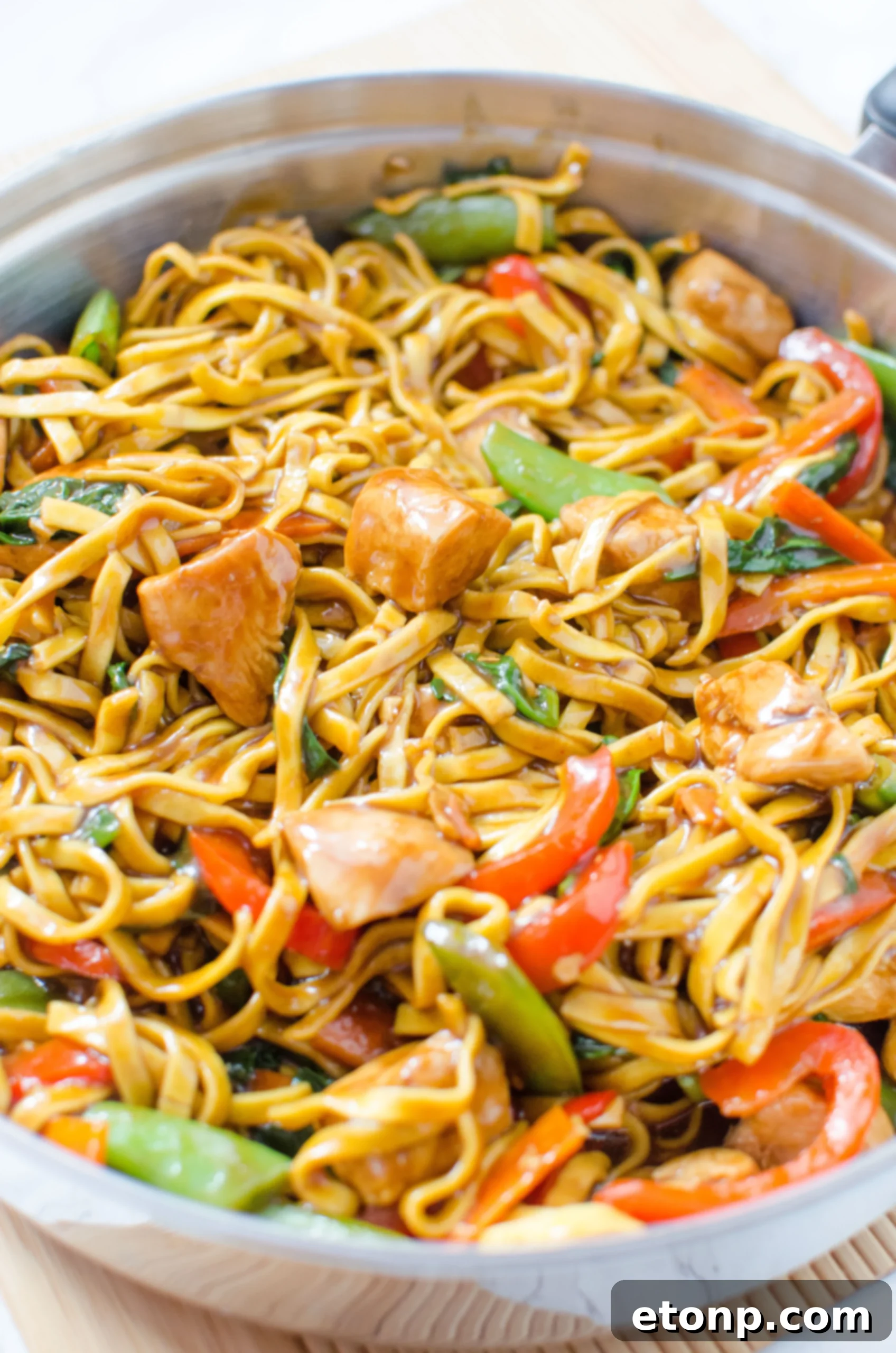 Serving of chicken lo mein ready to eat
